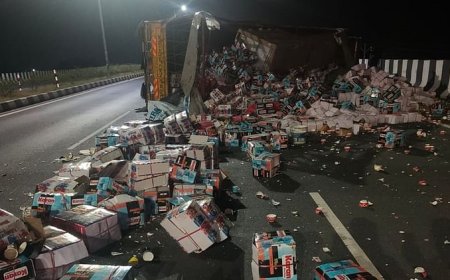 Hathras News: डिवाइडर से टकराकर पलटा कैंटर, चालक की मौत, रोड पर फैला क्रोकरी का सामान