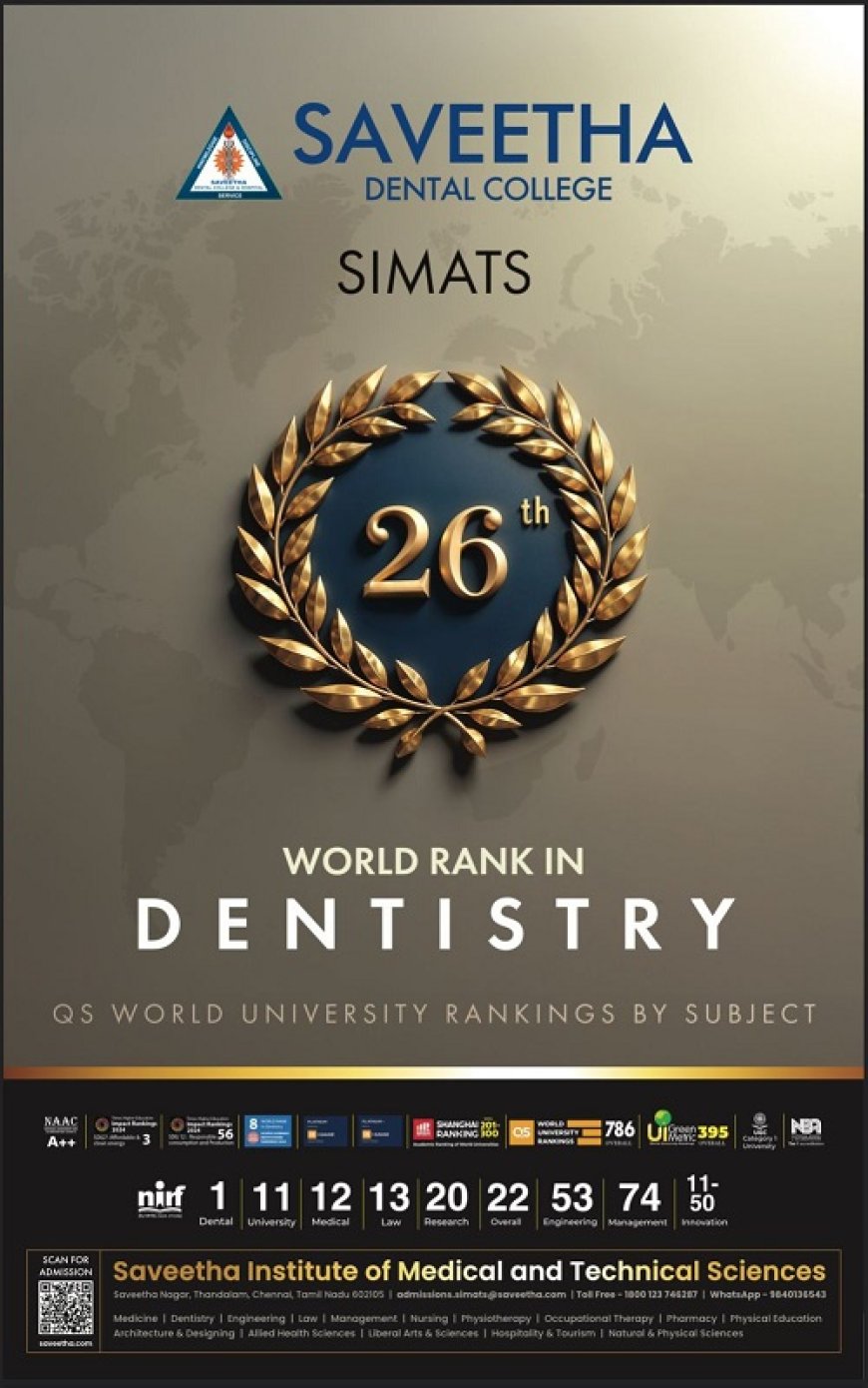 SIMATS Saveetha Joins India's Elite in Global Rankings: Secures 26th Position in QS World University Rankings by Subject