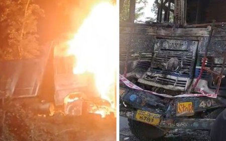 कटिहार में भीषण सड़क हादसा, ट्रकों की टक्कर के बाद गाड़ी में लगी आग, ड्राइवर की जिंदा जलकर मौत