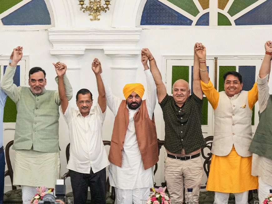 AAP ने उपचुनाव की जीत का जश्न दिल्ली में मनाया:केजरीवाल की अगुवाई में हुआ प्रोग्राम, सीएम मान समेत सारे नेता हुए शामिल