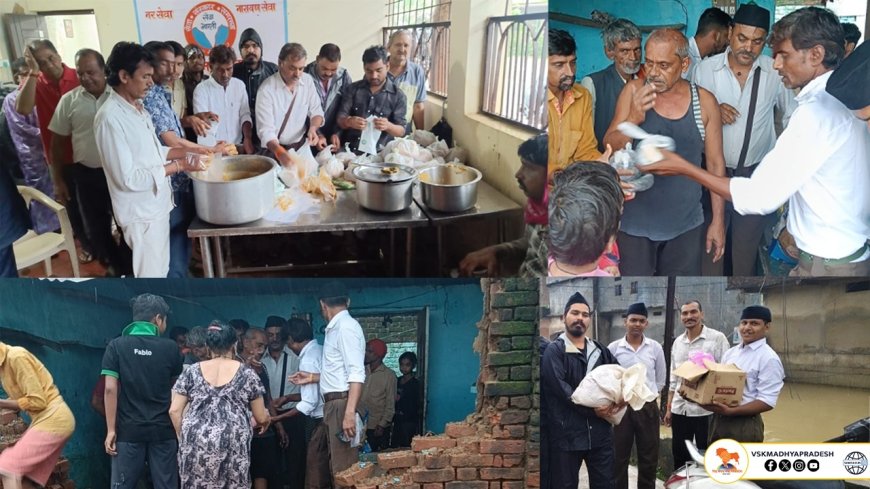 भारी वर्षा के कारण प्रभावित क्षेत्रों में सहायता व राहत कार्य में जुटे स्वयंसेवक